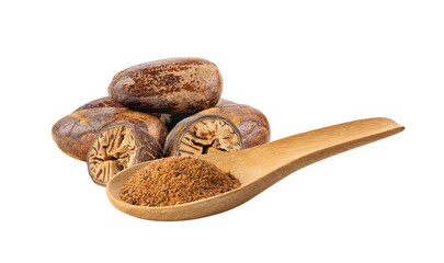 Nutmeg powder in wood spoon on transparent png