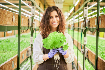 Portrait of joyful female gardener holding green lettuce in greenhouse. Cheerful young woman in garden gloves with green leafy plant in hands standing on blurred background.