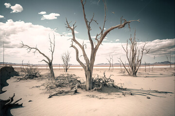 Trunks of dried dead trees with branches in middle of vast desert with cracked arid soil under cloudy sky. Generated AI