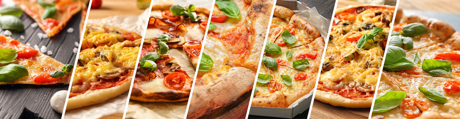 Collage with different tasty pizzas, closeup