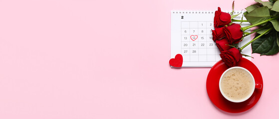 Calendar with marked date of Valentine's Day, red roses and cup of latte on pink background with space for text