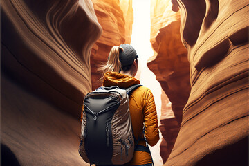 Female Tourist Hiker and Sandstone Antelope Canyon, back view. Generated AI - obrazy, fototapety, plakaty