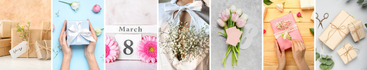 Collage of calendar with beautiful gifts and flowers for International Women's Day