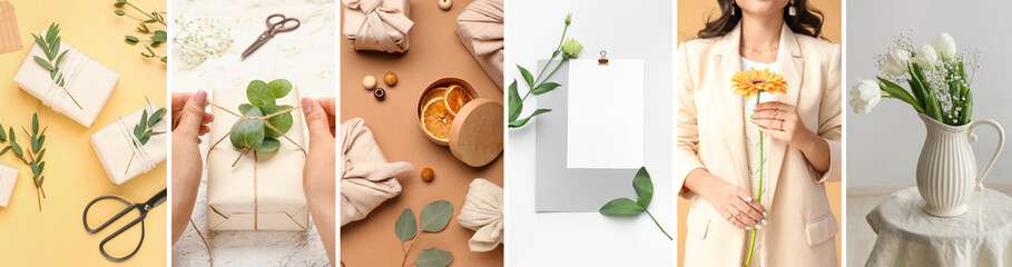 Collage of beautiful gifts, greeting card and flowers for International Women's Day