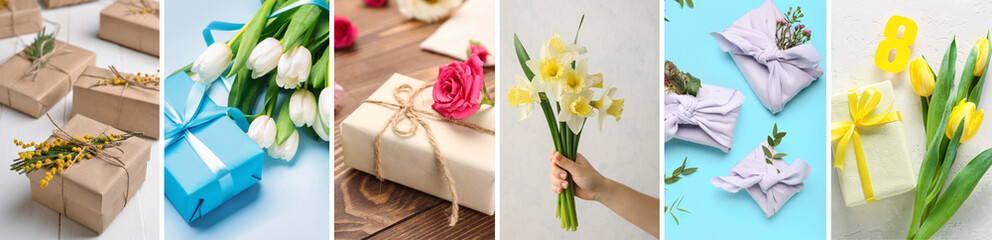 Collage of beautiful gifts and flowers for International Women's Day