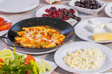 Hearty rich turkish breakfast on a table in restaurant