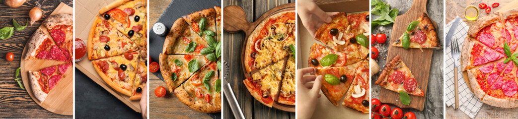 Collage with different fresh pizzas
