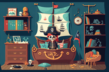 Children's bedroom with ship bed and a pirate theme. Generative AI