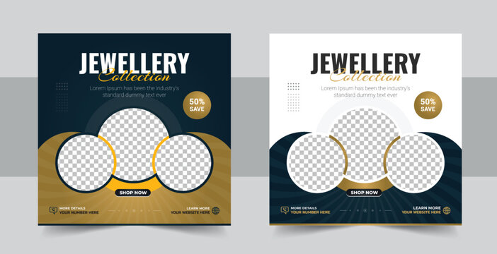 Jewelry social media post, web banner or square flyer design template, Fashion accessories and gold jewelry sale template for social media promotion