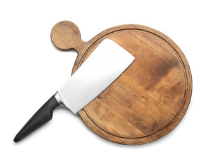 Meat cleaver with chopping board on white background