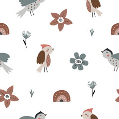 Seamless pattern in scandinavian style with birds and flowers. Vector hand drawn illustration isolated on white background for your design.