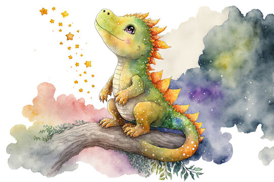 Illustration in watercolor of dragon infant animals. Generative AI