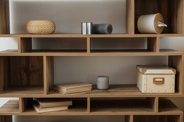 Shelf unit with different decor near light wall, closeup