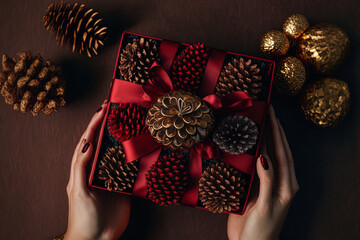 Top view of holiday presents a woman holds a crimson pinecone with golden Christmas balls. little Christmas tree on a deep crimson table. Generative AI