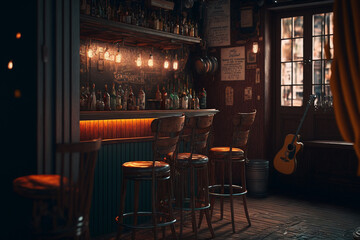 A dimly lit bar with stools and a guitar, Generative AI - obrazy, fototapety, plakaty