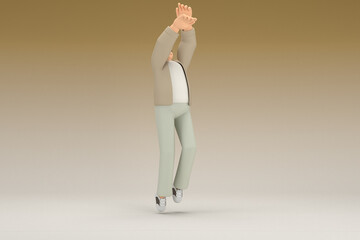 A man with glasses wearing brown cloth.  He is doing exercise.  3d rendering of cartoon character in acting.