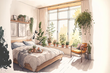 Concept for a bedroom decor. cute layout with a double bed, potted plants, and big windows. Generative AI