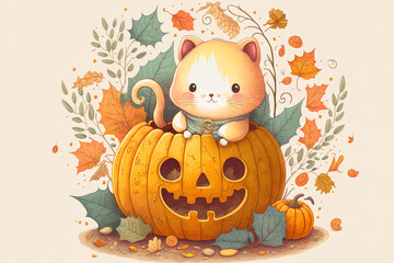 Illustration of a charming animal trick or treating in a pumpkin for Halloween. Generative AI