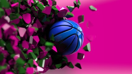 Blue Basketball breaking with great force through pink-green wall under spot light background. 3D high quality rendering. 