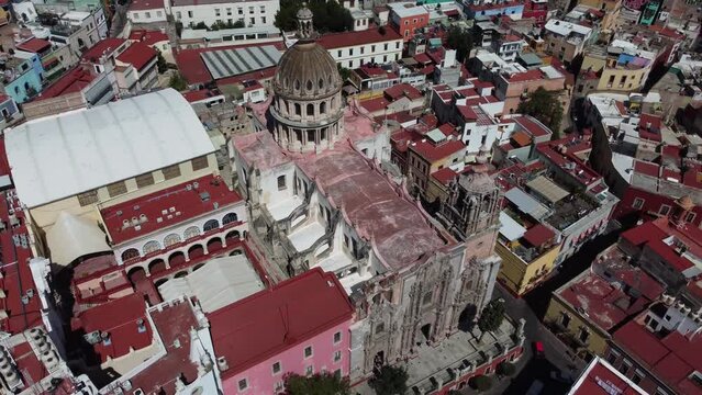 Church With Churrigueresque Facade Among Buildings With Red Roofs In Guanajuato, Mexico