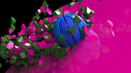 Blue Basketball breaking with great force through pink-green wall under spot light background. 3D high quality rendering. 