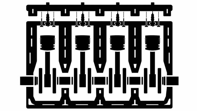 Piston stroke in an internal combustion engine. Black and white video. Design element. Illustration video, animation. Black objects on a white background