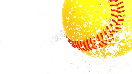 Yellow-red Baseball with diamond splash particles under white lighting background. 3D illustration. 3D high quality rendering. 3D CG.