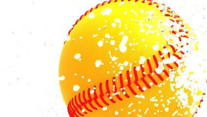 Yellow-red Baseball with diamond splash particles under white lighting background. 3D illustration. 3D high quality rendering. 3D CG.