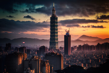 Naklejka premium Conceptual Ai Generated Image (not actual) - Taiwan's Taipei City Skyline at dusk with lovely colours. Generative AI