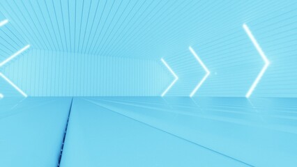 Blue neon laser led lights on Sci-Fi futuristic modern spaceship in dark tunnel. White corridor hangar garage metal glossy with showroom empty stage. Concept 3D CG of fantastic world.