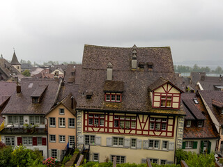 The old houses in Rapperswill in the rain.