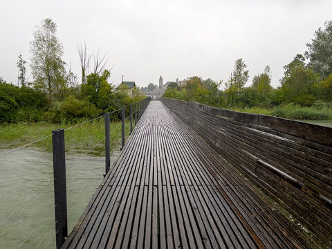 Long bridge over Lake Zurich when it rains.
