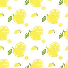 Seamless pattern of cute shiny yellow lemon. Hand drawn flat vector illustration isolated on white background. For textile print, wallpaper, wrapping paper, greeting card, gift 