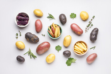 Composition with different types of raw potatoes and herbs on light background