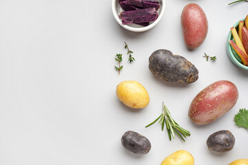 Composition with different types of raw potatoes and herbs on light background