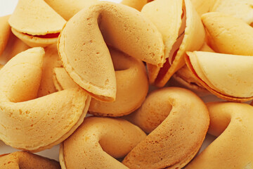 Tasty fortune cookies on white background, closeup