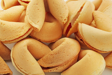 Tasty fortune cookies on white background, closeup