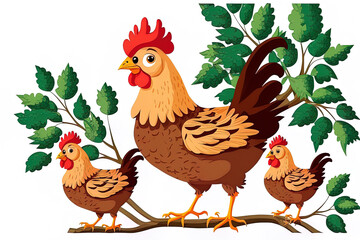 Cartoon hen with chicks on a white backdrop. Generative AI