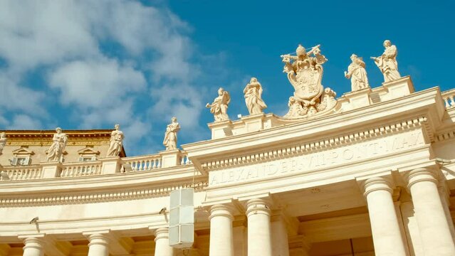 The colonnade at St. Peter's Square in Vatican City, Holy See, Rome, Italy, a circular arcade of 284 columns that surrounding St. Peter's Basilica and square