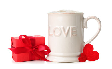 Cup of latte with hearts and gift on white background. Valentine's Day celebration