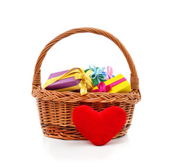 Fototapeta na wymiar Basket with gifts and heart.