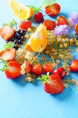 fresh fruits on the blue background