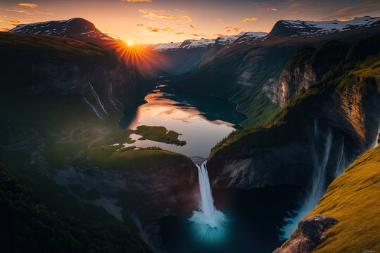 Beautiful summer sunset over the Sunnylvsfjorden fjord canyon in the western Norwegian hamlet of Geiranger. Aerial image of the renowned Seven Sisters waterfalls in the twilight. Background of the nat
