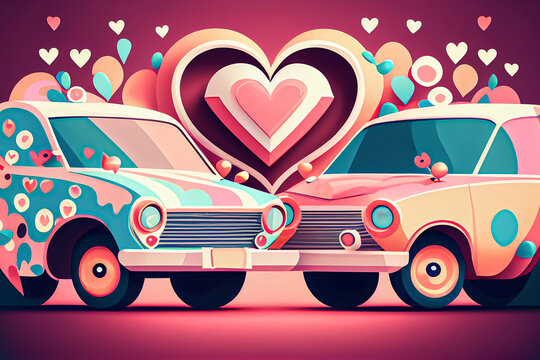 two sweet little cars in love on a burgundy red background of hearts. invitation to valentine's day valentine car , ai generated, 