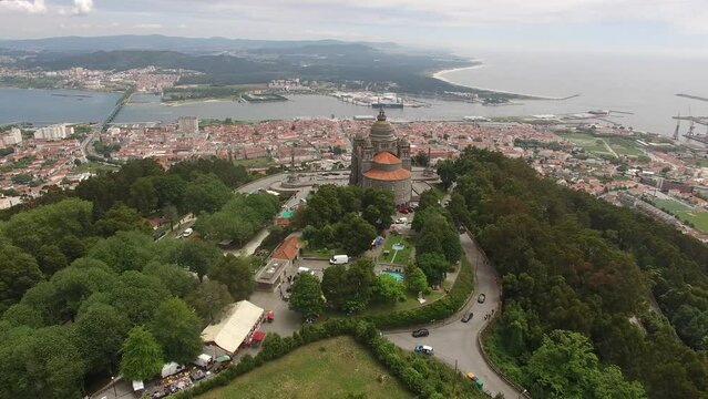 Iconic mountaintop church (Basilica of Santa Luzia), Viana do Castelo; aerial