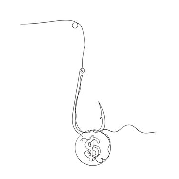continuous line drawing coin on fishing hook illustration vector