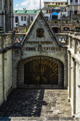 Fototapeta na wymiar Quito's cathedral entrance. Gothic architecture..
