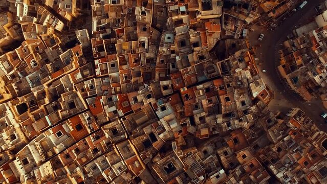 Aerial view above Old medina of Fez, Morocco. A view of old building
