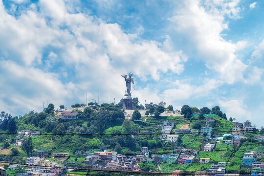 Quito historic city center with Panecillo Hill and Virgin of Quito statue, Pichincha, Ecuador.