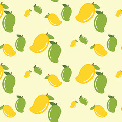 Obraz premium Seamless pattern of cute shiny green and yellow mangoes. Hand drawn flat vector illustration isolated on yellow background. For textile print, wallpaper, wrapping paper, greeting card, gift 